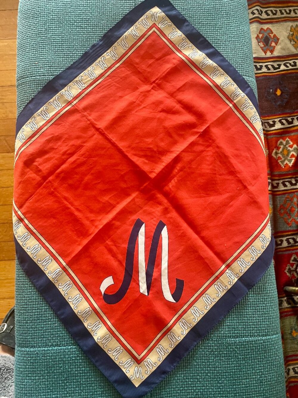 VTG Square Scarf w/ "M" Motif Polyester Red White & Blue